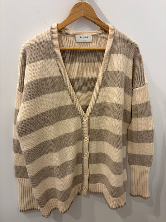 La Ligne Cream & Taupe Striped Cardigan Oversized Chunky Knit - Small
