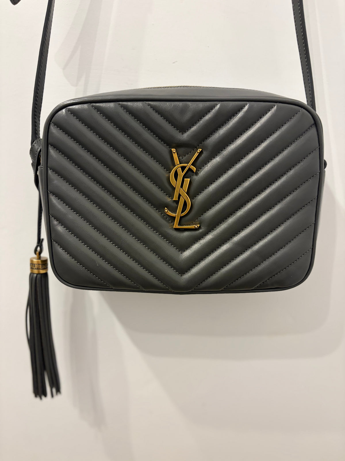 Saint Laurent Lou Gray Matelasse Leather Camera Bag with Gold YSL Hardware & Tassel