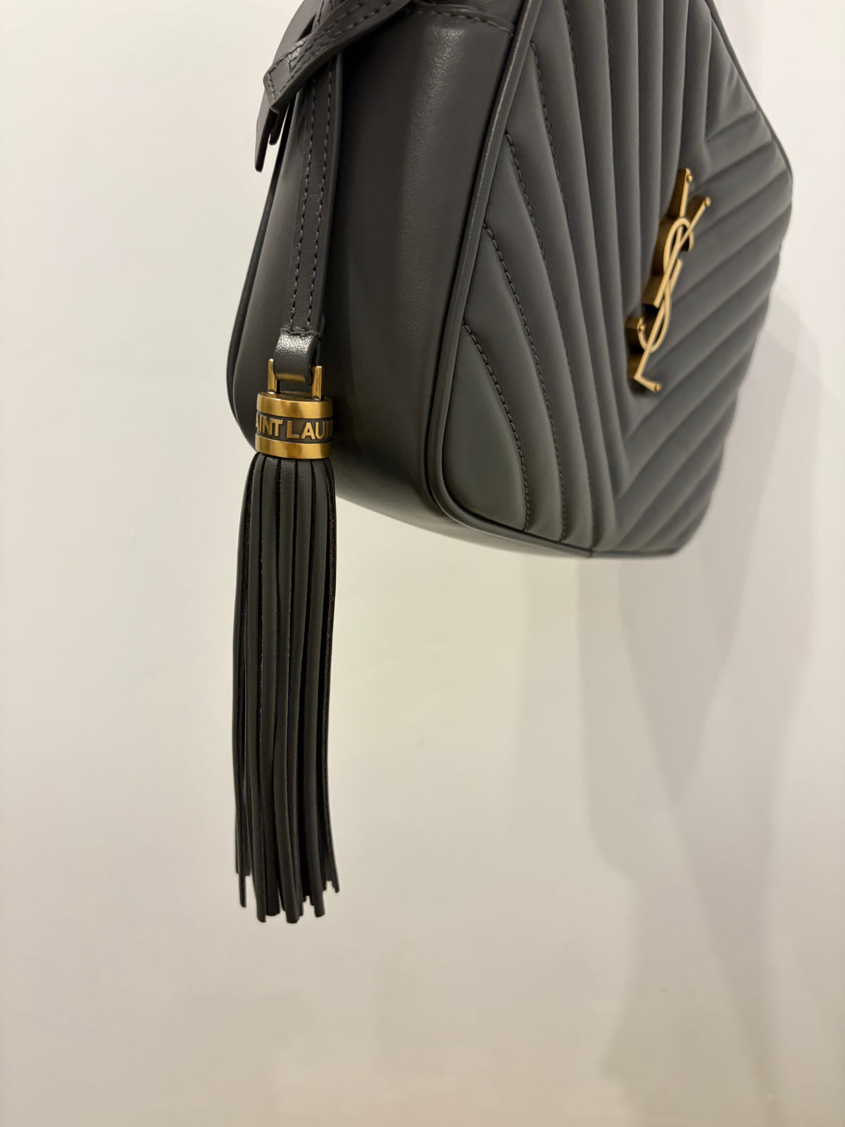 Saint Laurent Lou Gray Matelasse Leather Camera Bag with Gold YSL Hardware & Tassel
