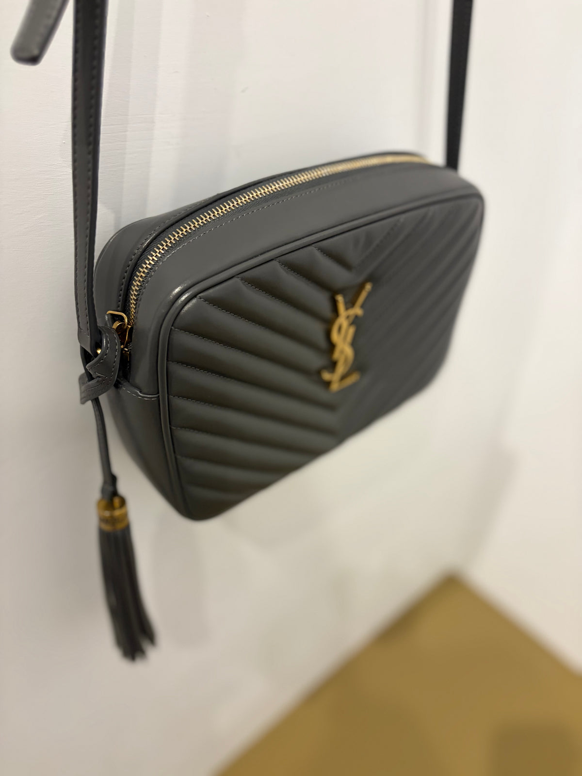 Saint Laurent Lou Gray Matelasse Leather Camera Bag with Gold YSL Hardware & Tassel