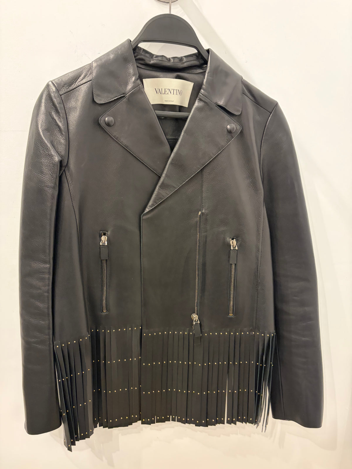 Valentino Black Leather Studded Butterfly Fringe Moto Jacket - Size 2