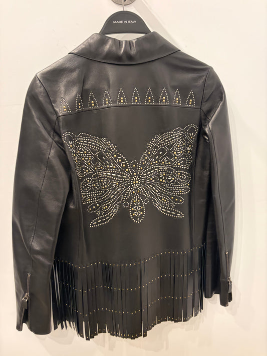 Valentino Black Leather Studded Butterfly Fringe Moto Jacket - Size 2