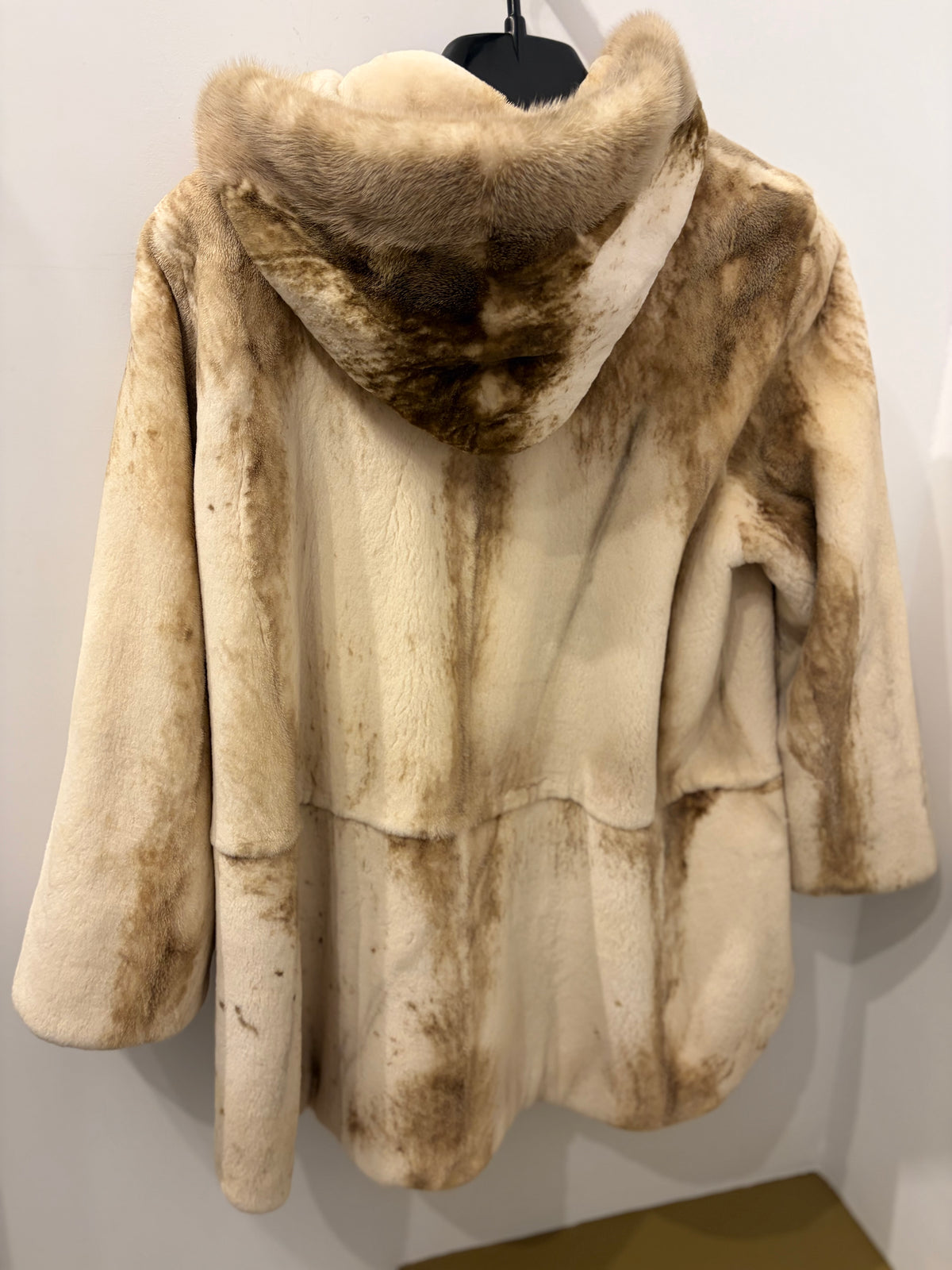 NAFA Mink Genuine Fur Hooded Coat Cream Taupe - Medium