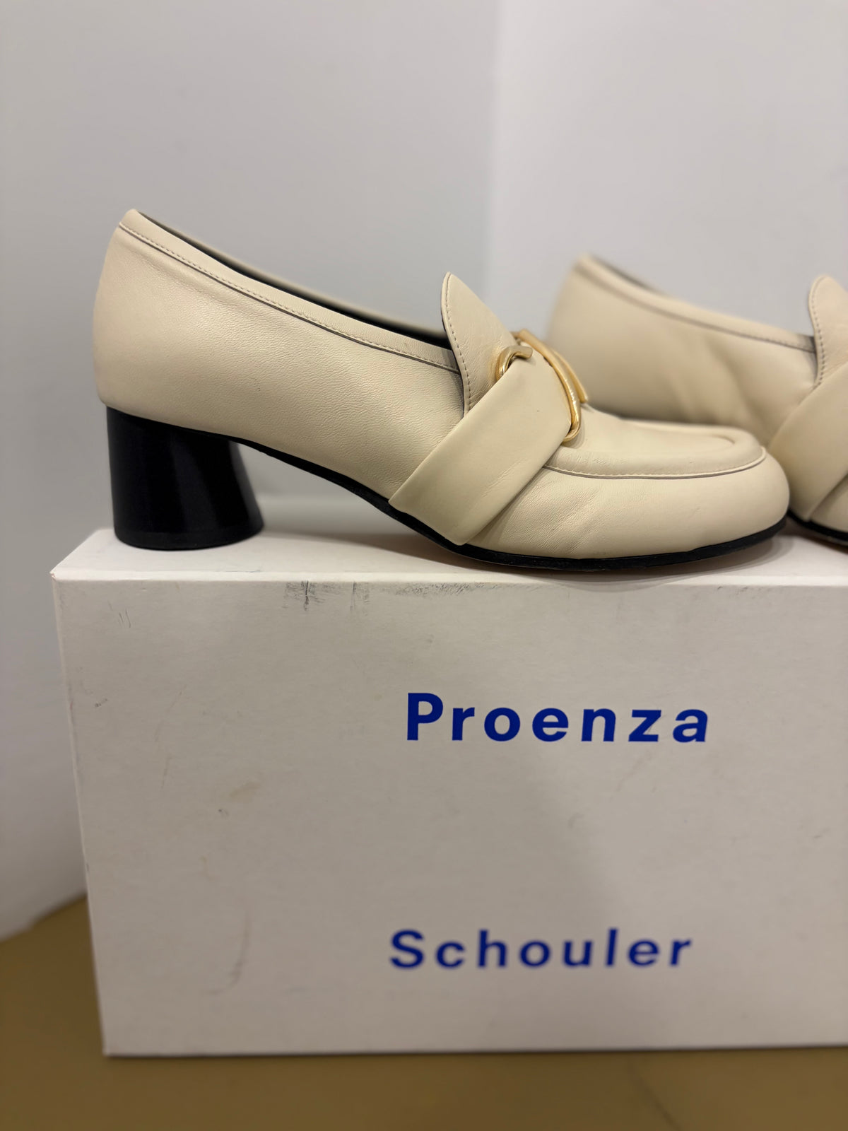 Proenza Schouler Monogram Cream Leather Heeled Loafers - 37.5