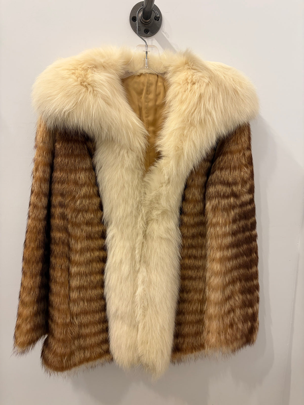 Vintage Genuine Fur Jacket Brown with Oversized Cream Fur Collar - Small