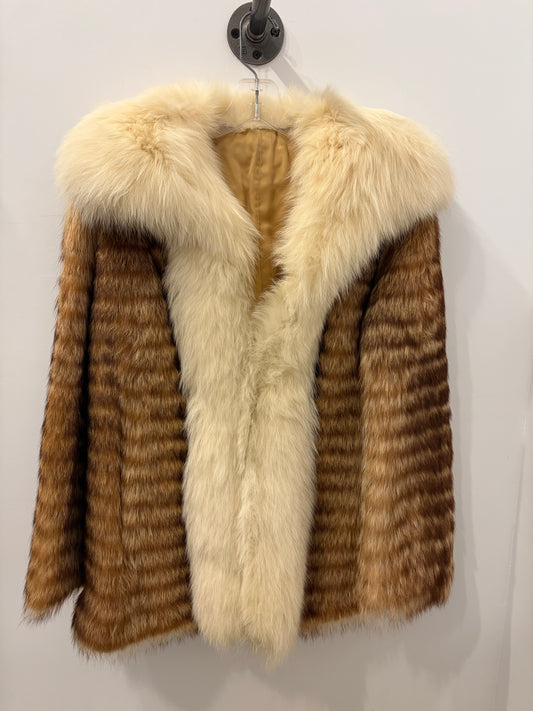 Vintage Genuine Fur Jacket Brown with Oversized Cream Fur Collar - Small