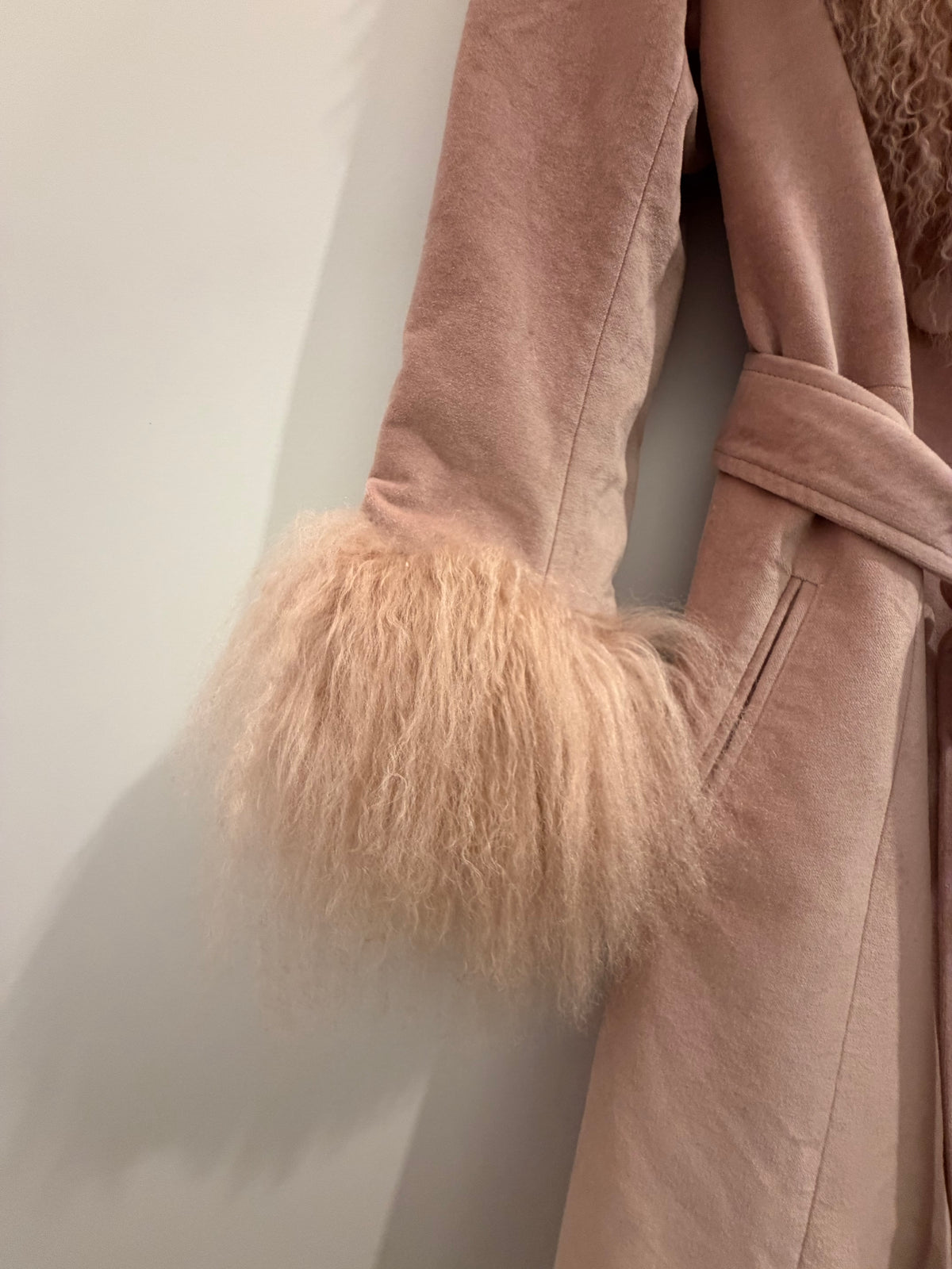 Charlotte Simone Blush Pink Mongolian Lamb Fur-Trim Coat - Medium
