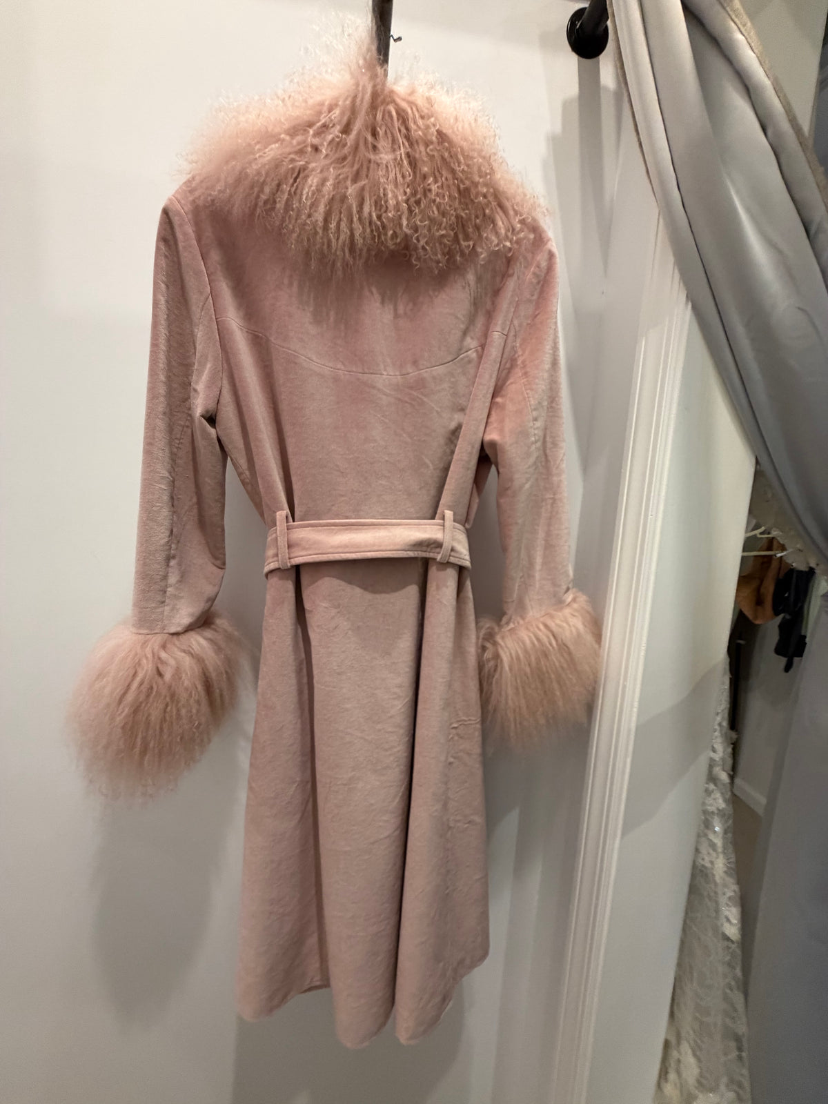 Charlotte Simone Blush Pink Mongolian Lamb Fur-Trim Coat - Medium