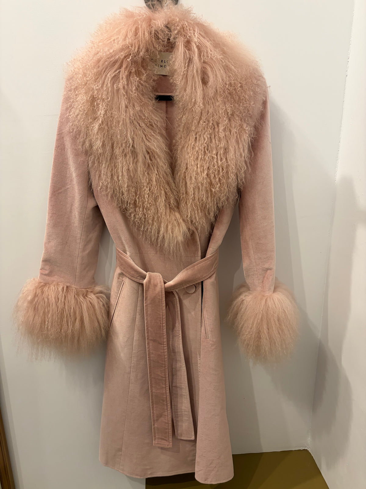 Charlotte Simone Blush Pink Mongolian Lamb Fur-Trim Coat - Medium